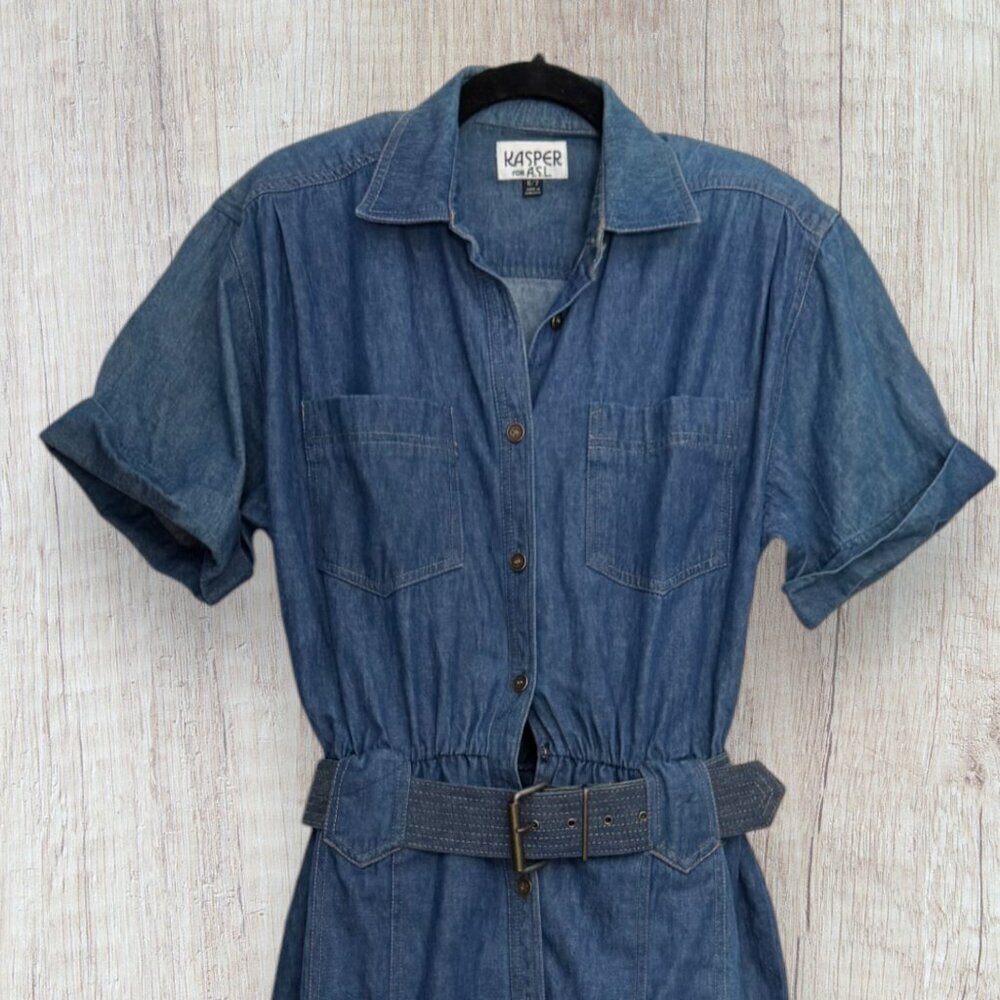 Vintage Kasper Denim Shirt Dress Belted Midi Teacher Minimalist 90s Womens 6 - Picture 4 of 4